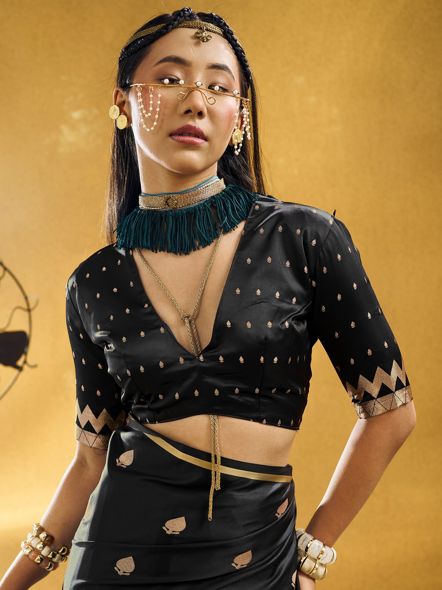 Unstitched black satin silk blouse piece with zari butta design