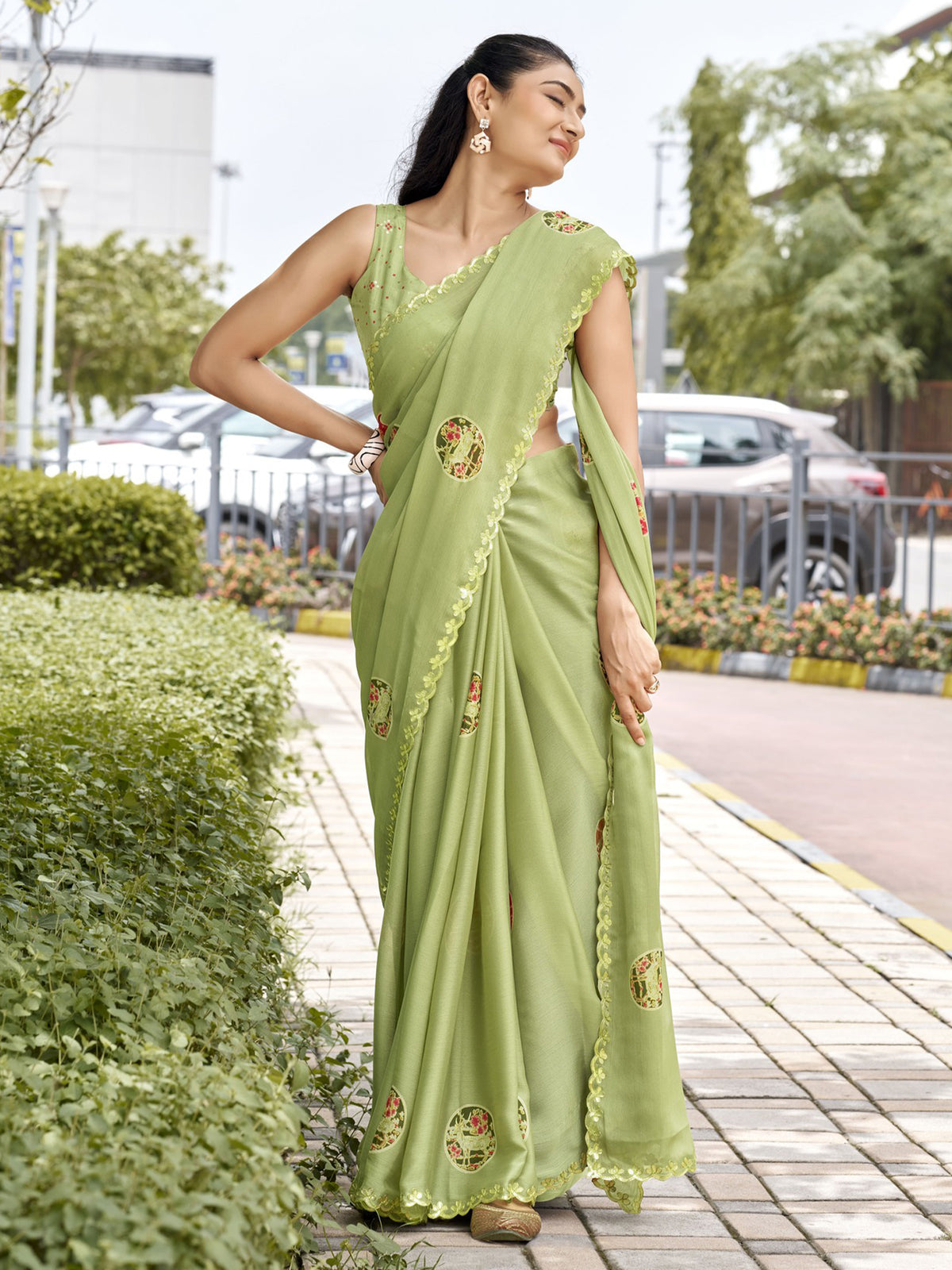 Sea Green chiffon saree view 2