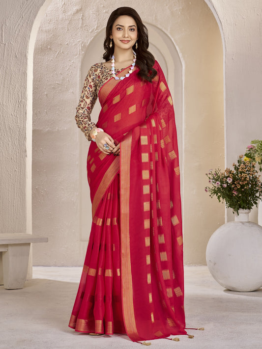 Red zari butta georgette saree with peach blouse piece