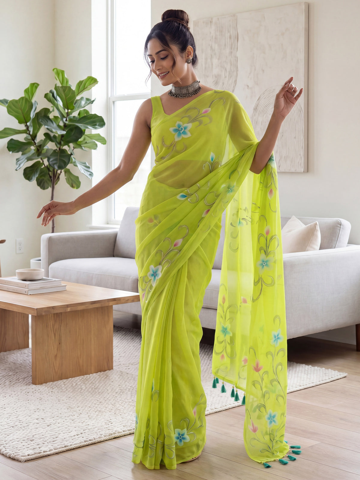 Lime Green Georgette saree – detail view 3
