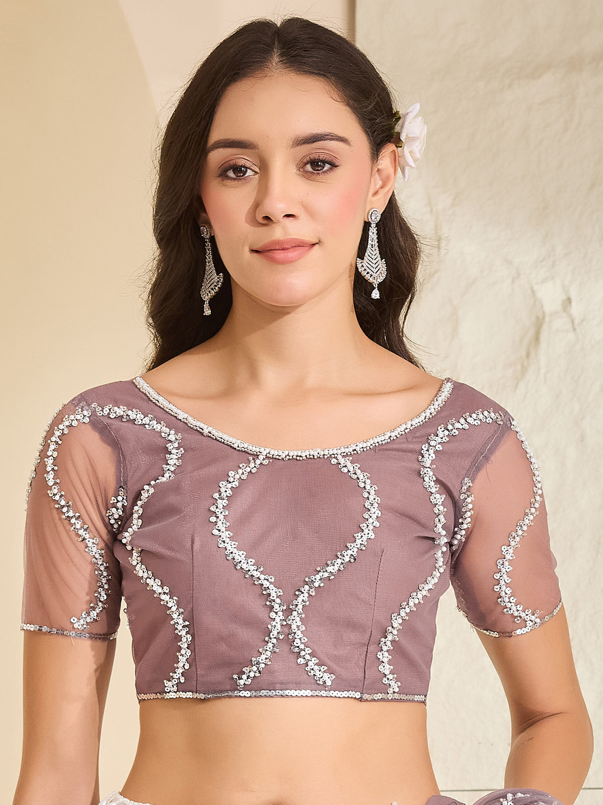 Unstitched mauve net blouse piece with embellished design