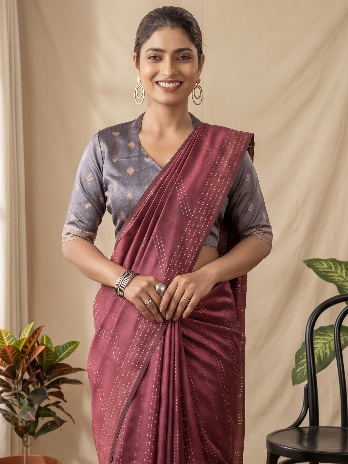 Burgundy Silk Cotton saree – detail view 4