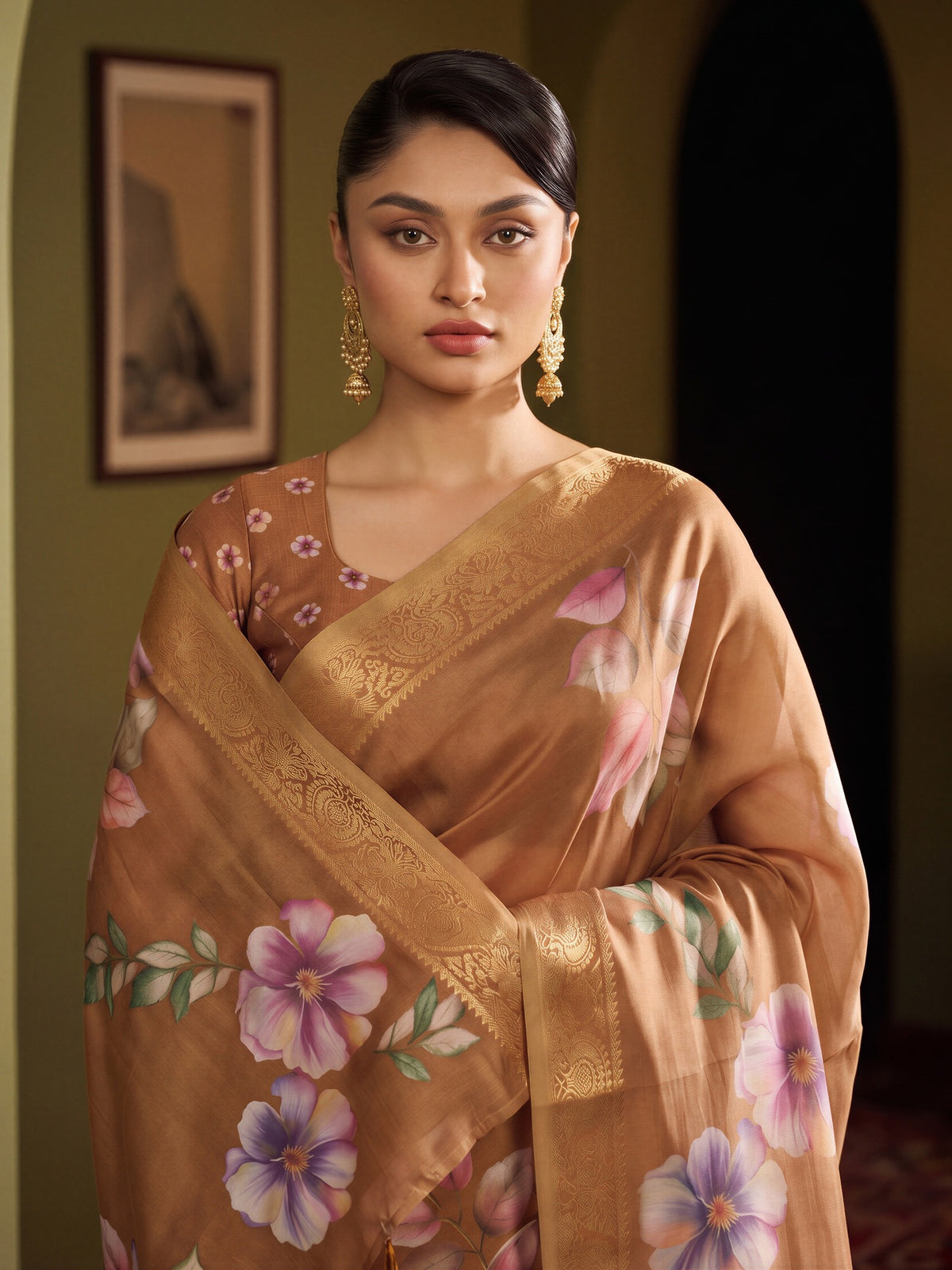 Light Brown silk blend saree view 4