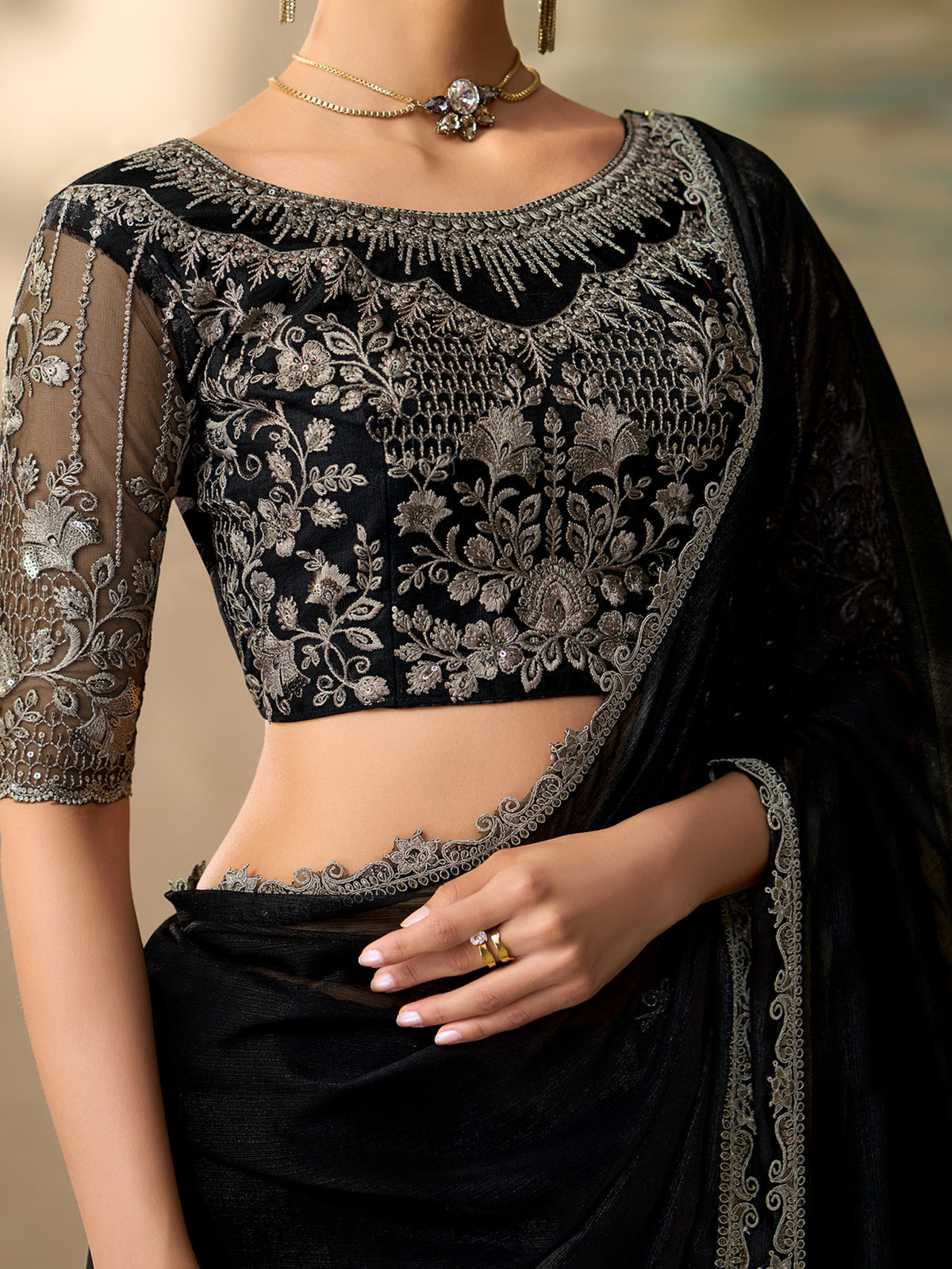 Black Chiffon saree – detail view 3