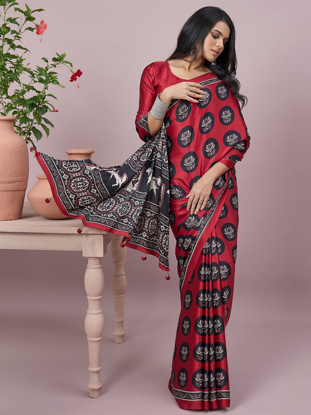 Maroon satin saree view 5