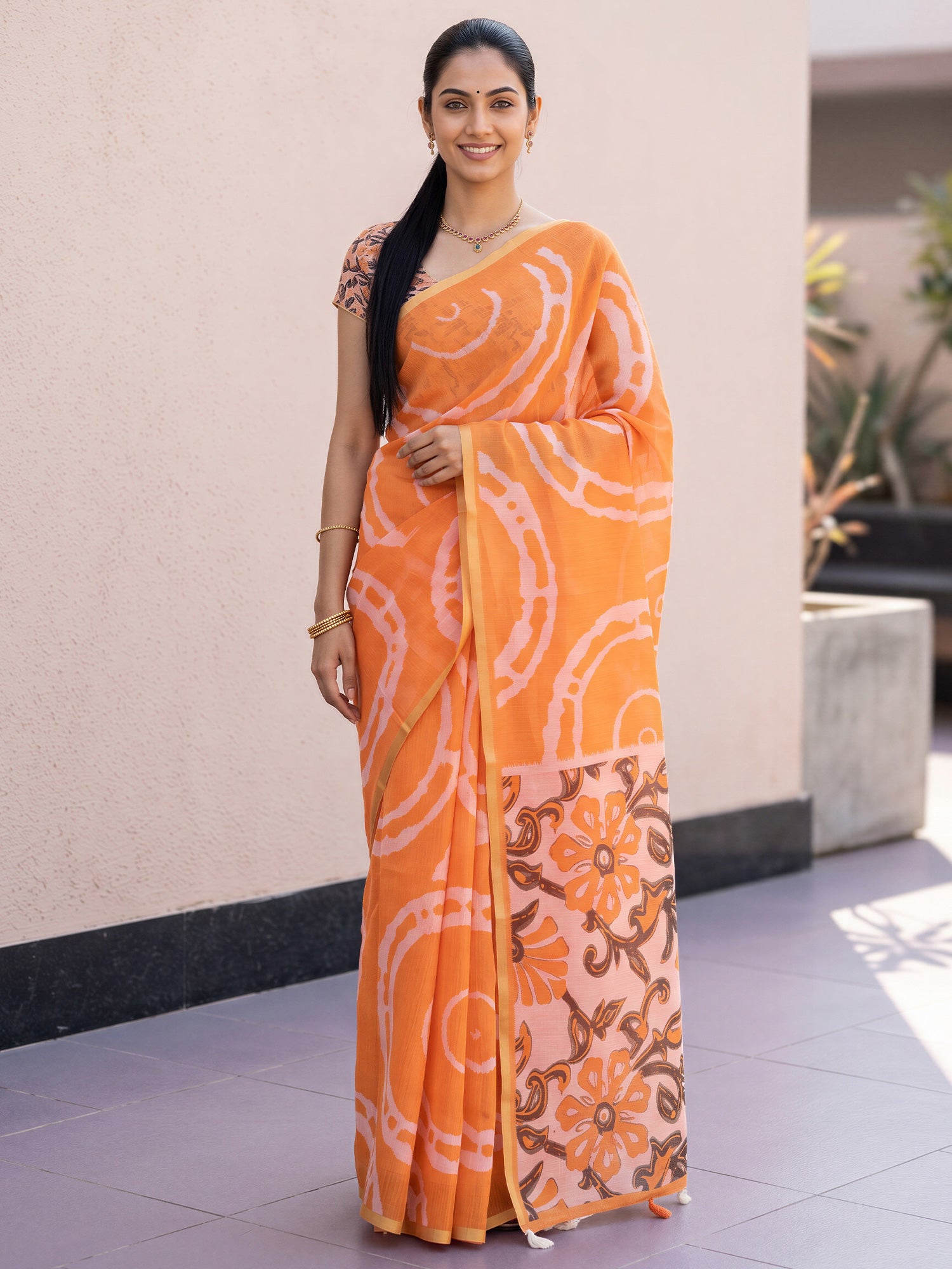 Orange Cotton Blend saree – detail view 3