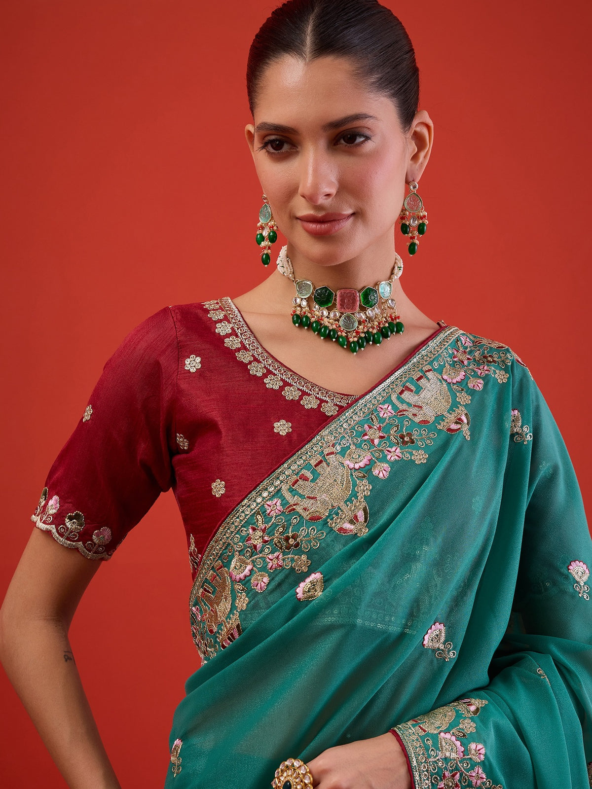 Teal Green Georgette saree – detail view 4