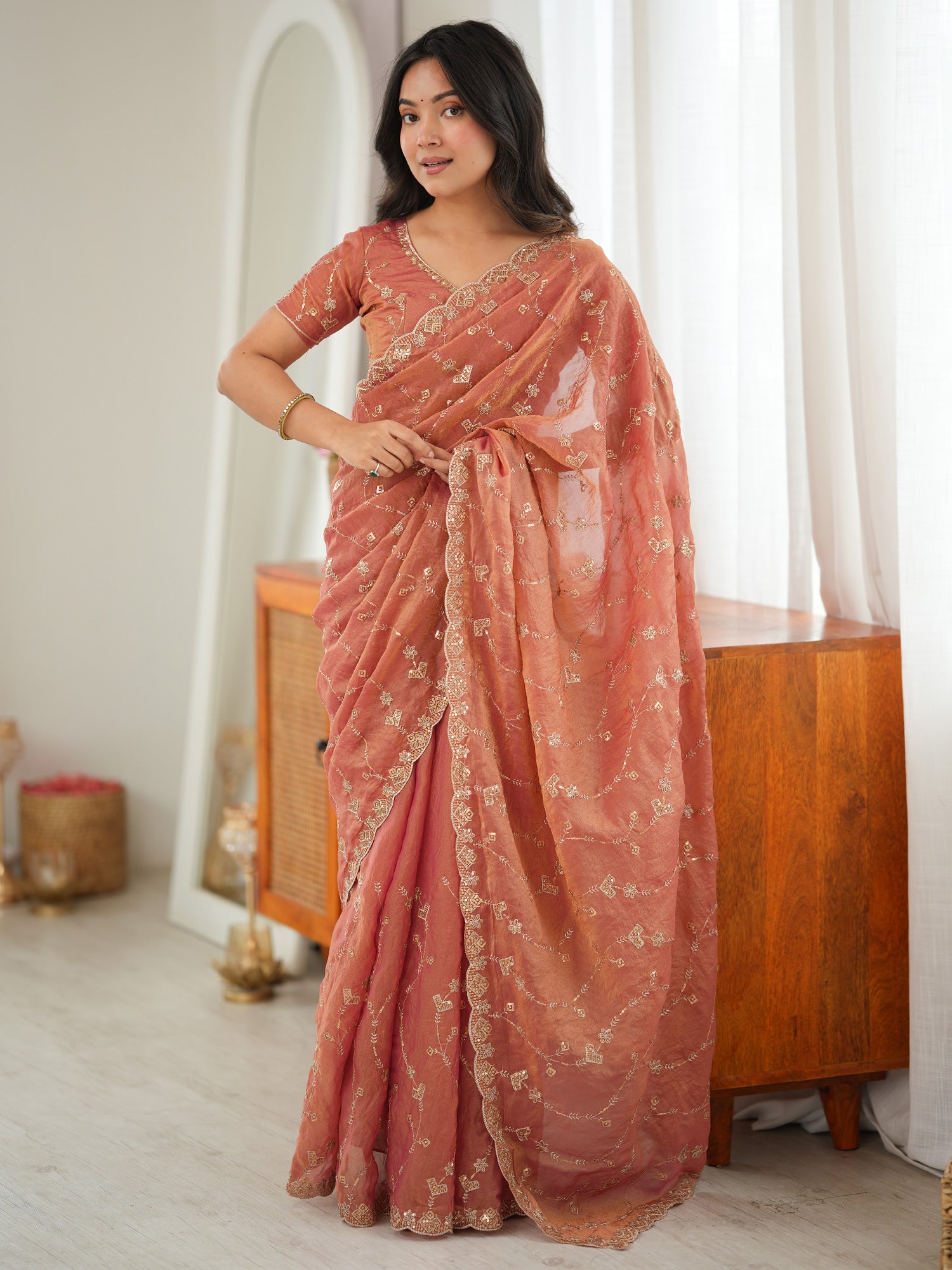 Woman wearing peach tissue saree with ornamented surface design and peach blouse