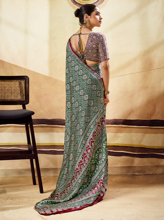 Green Satin saree – detail view 1