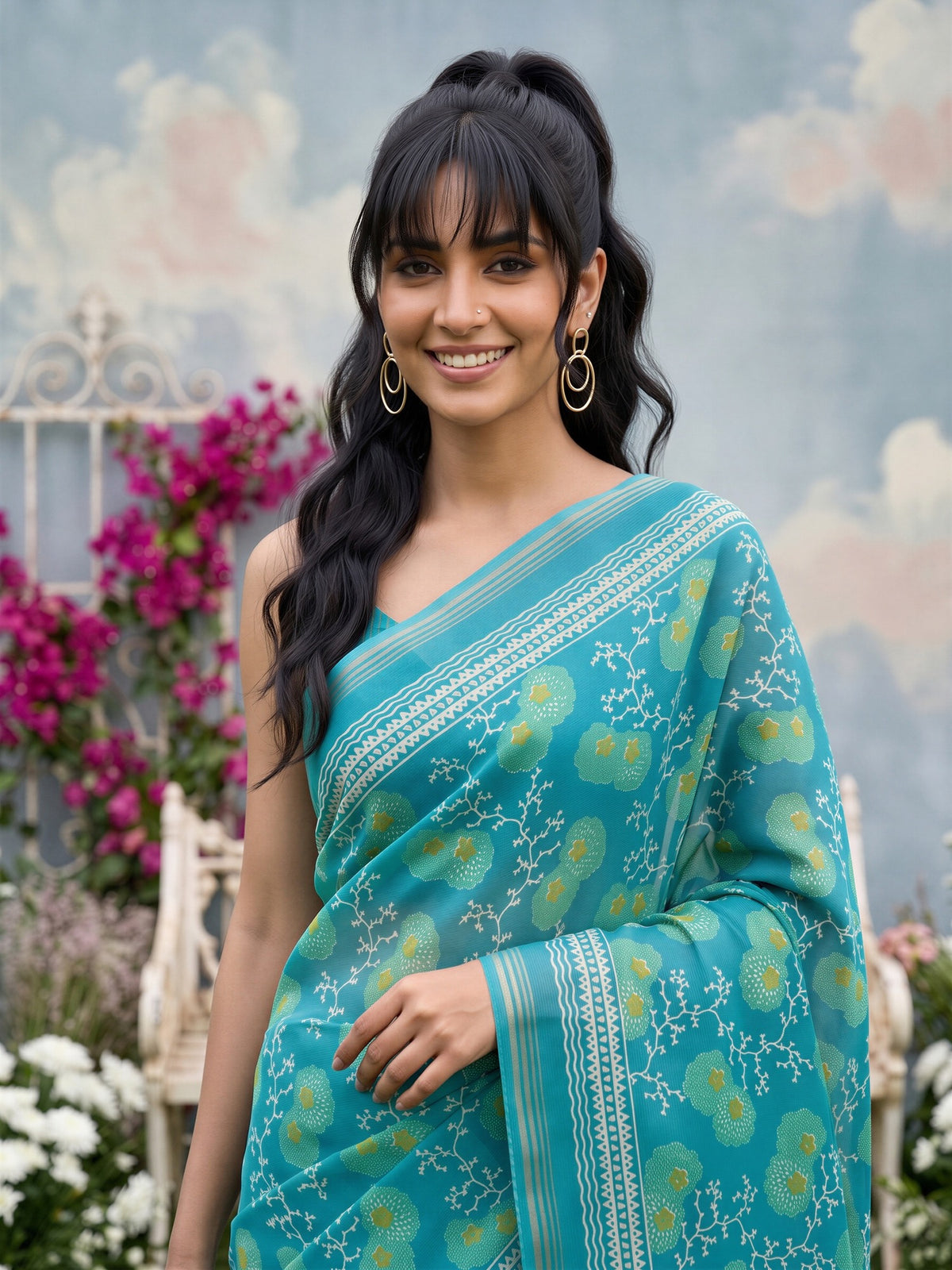 Teal Blue Crepe saree – detail view 4
