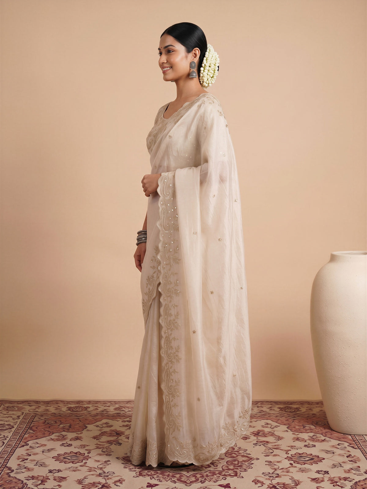 Off White Satin saree – detail view 2