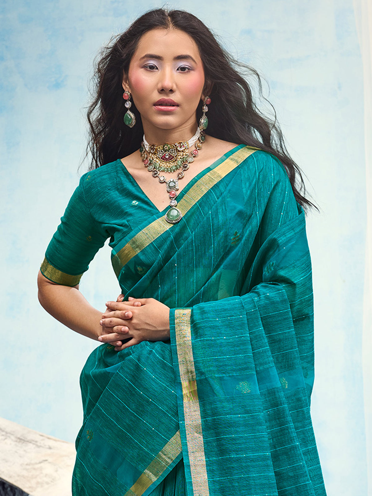Teal Blue Muga Silk saree – detail view 4