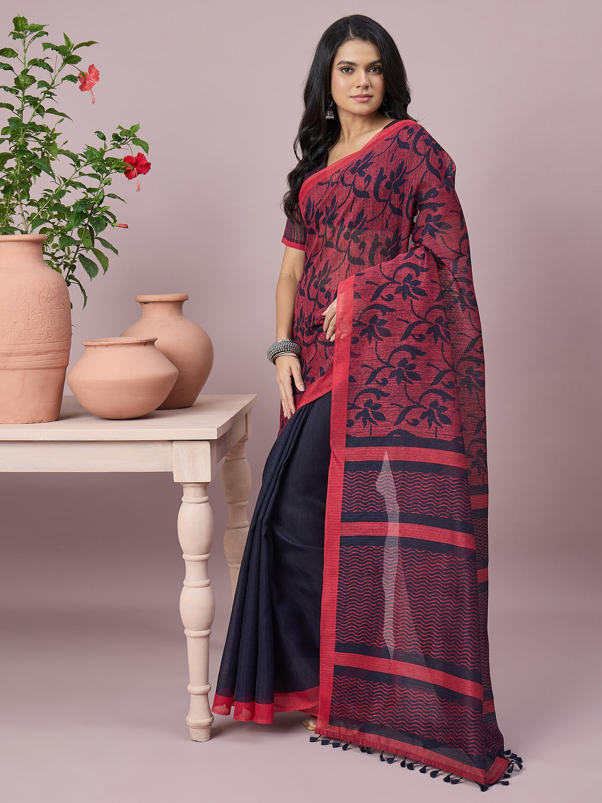 Navy Blue cotton slub saree view 5