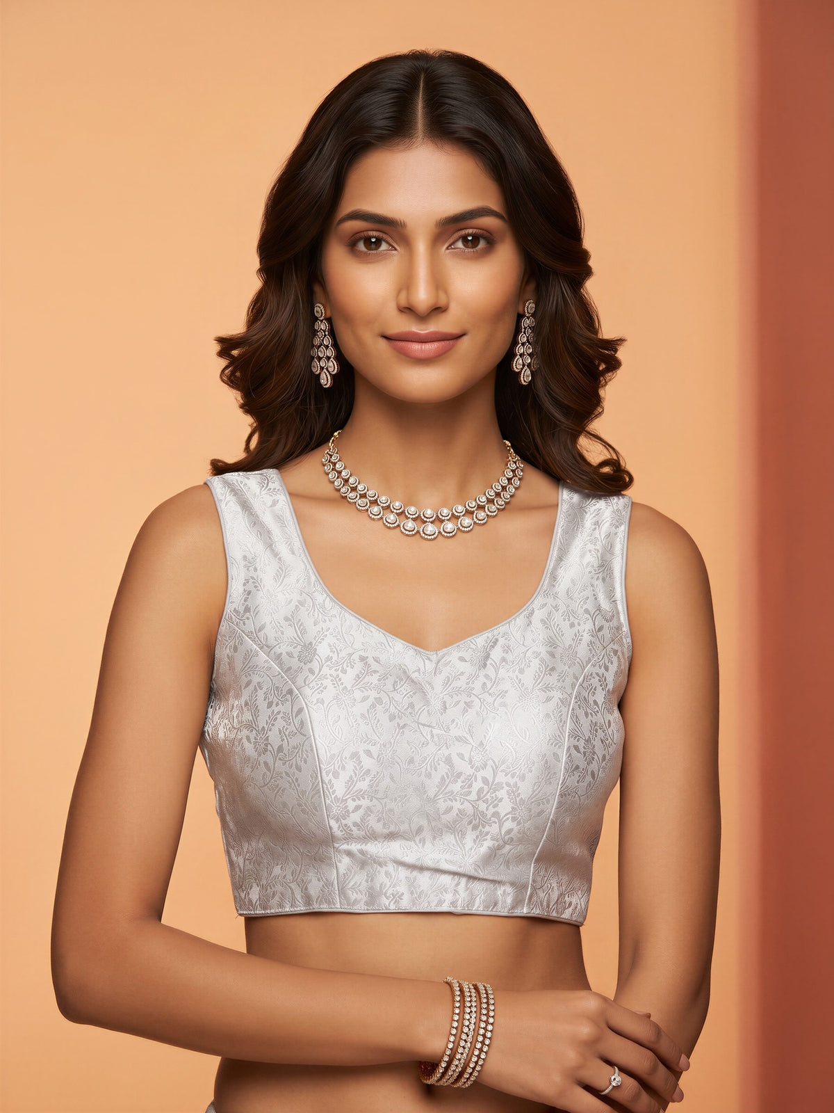 White woven brocade silk blend sleeveless readymade saree blouse with sweetheart neck