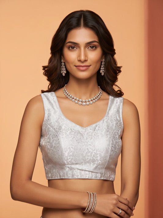 White woven brocade silk blend sleeveless readymade saree blouse with sweetheart neck