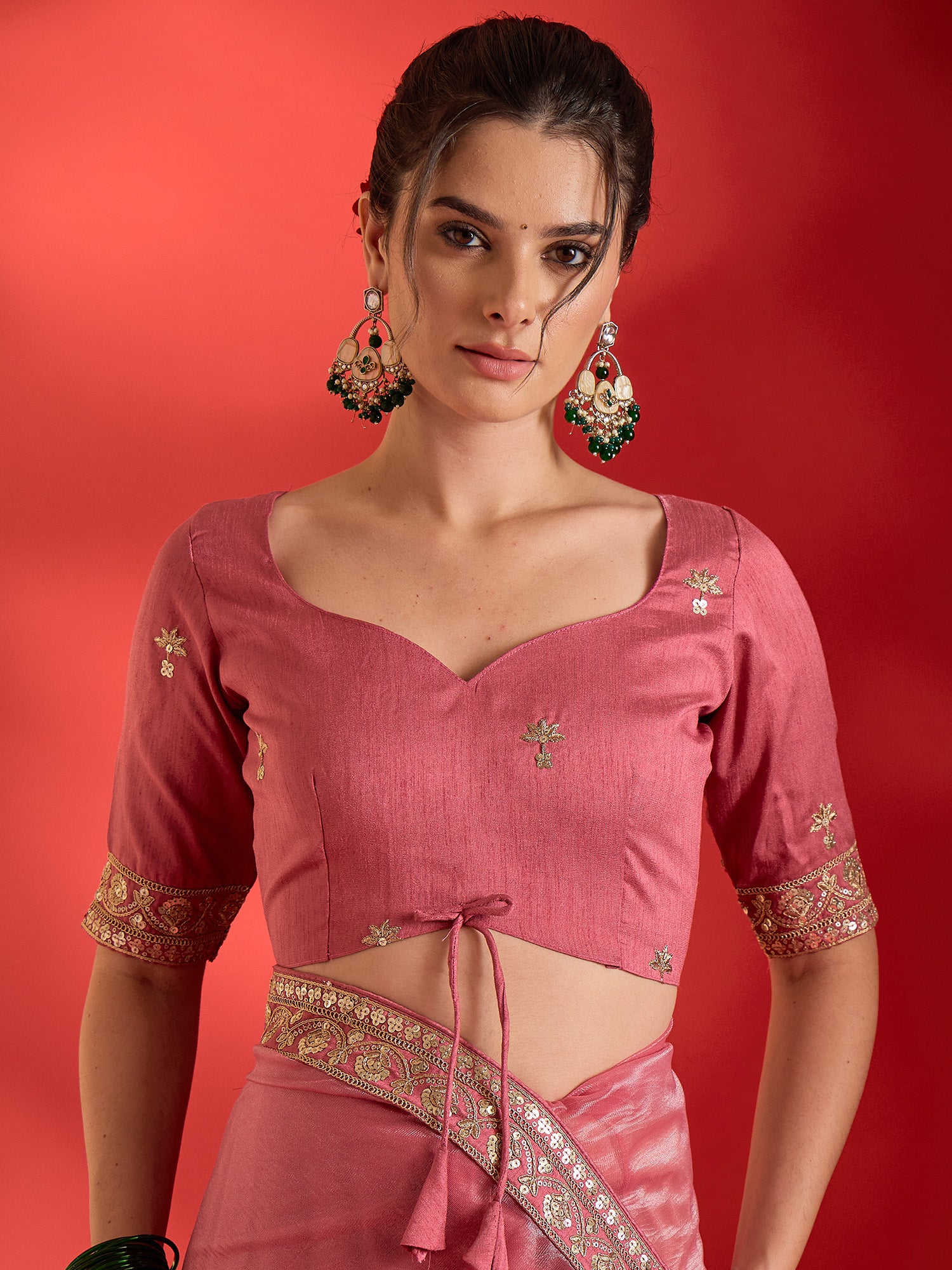 Unstitched pink net blouse piece with embellished design