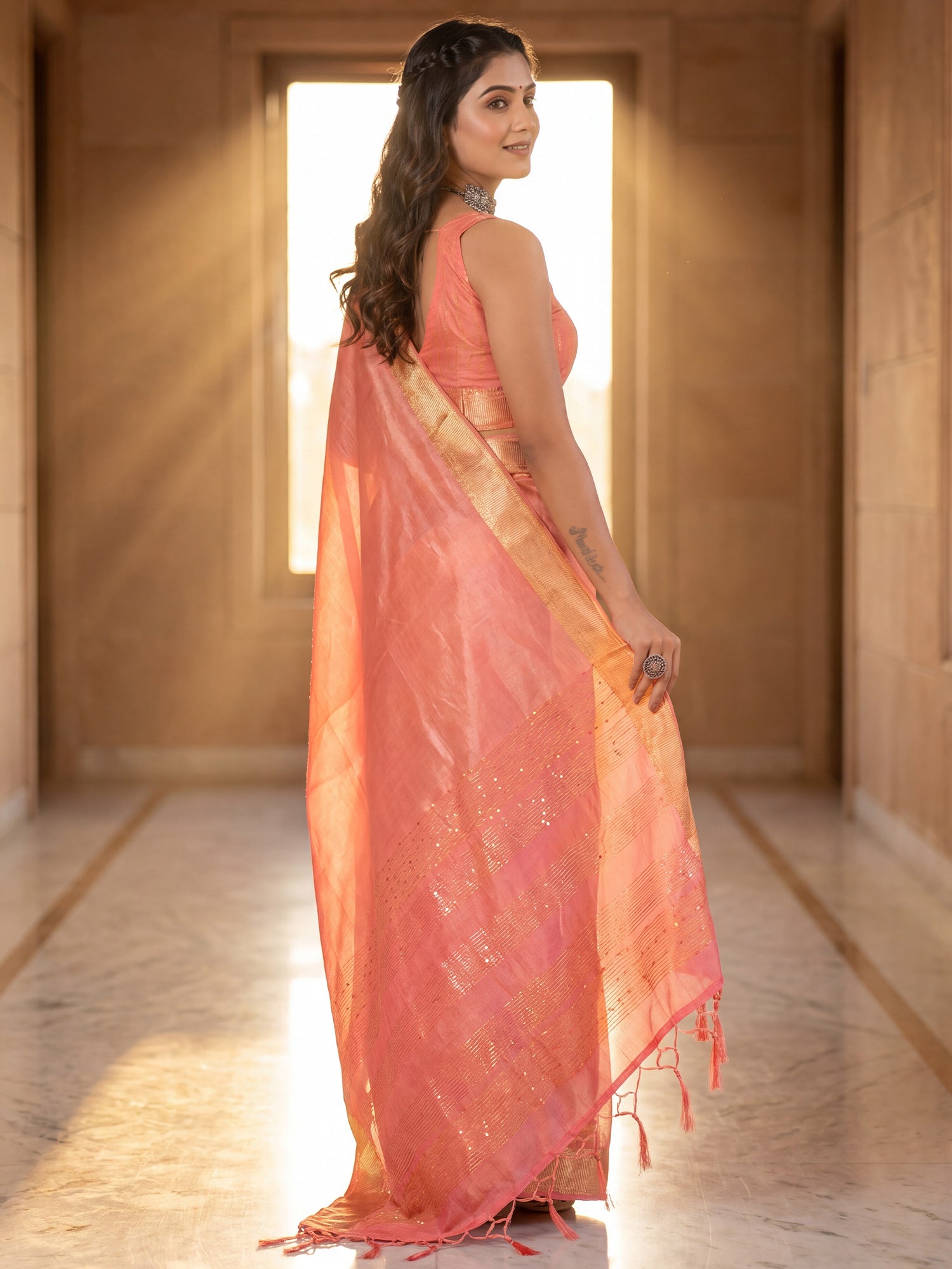 Peach Cotton Silk saree – detail view 1