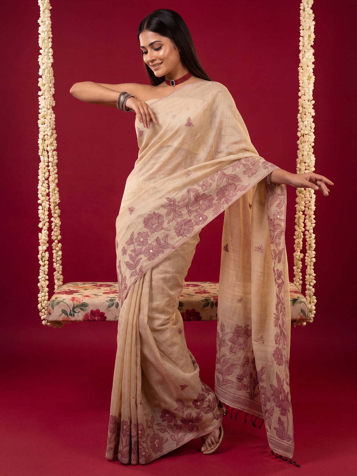 Cream Chanderi Cotton saree – detail view 3