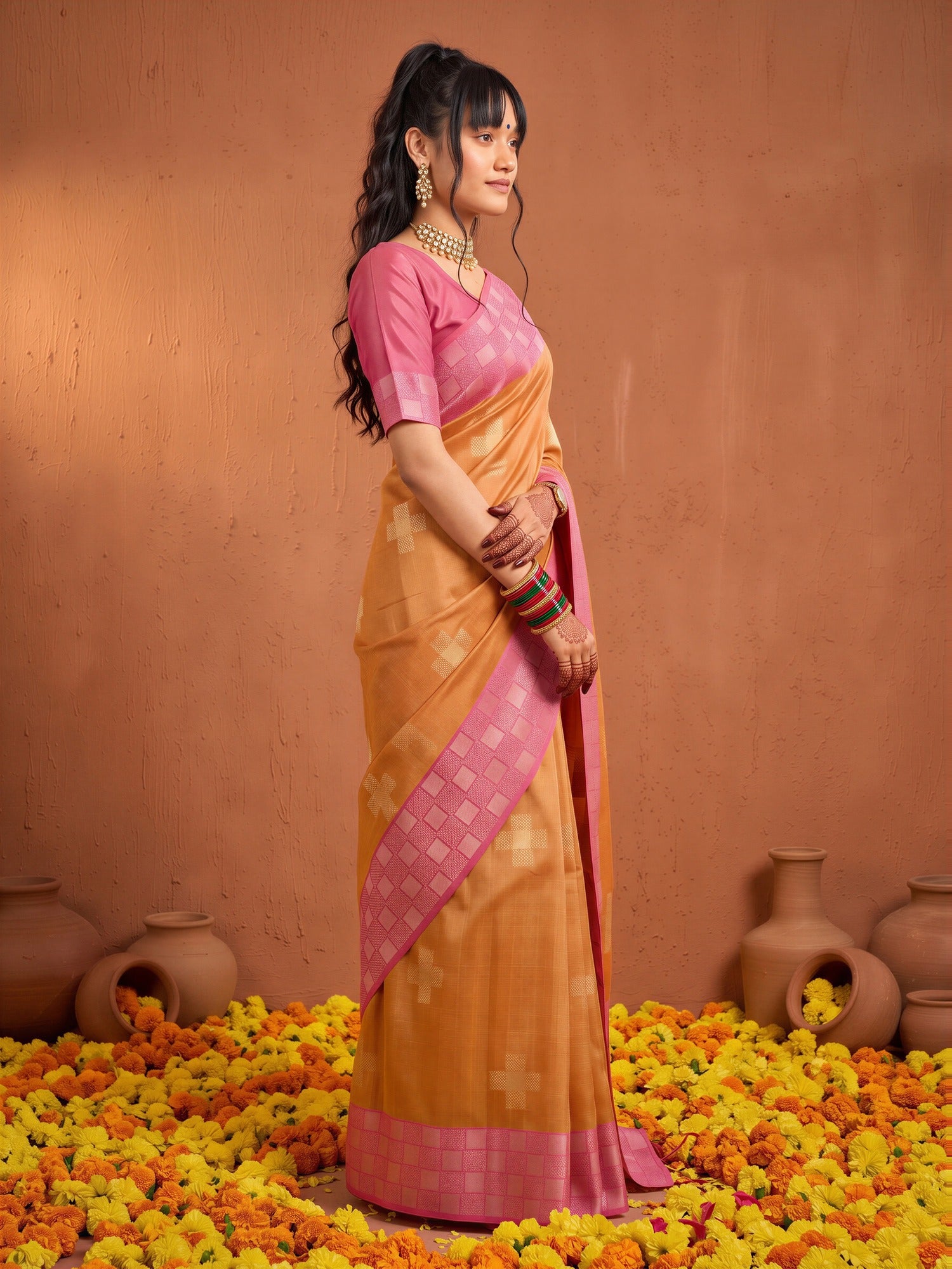 Orange Cotton Blend saree – detail view 2