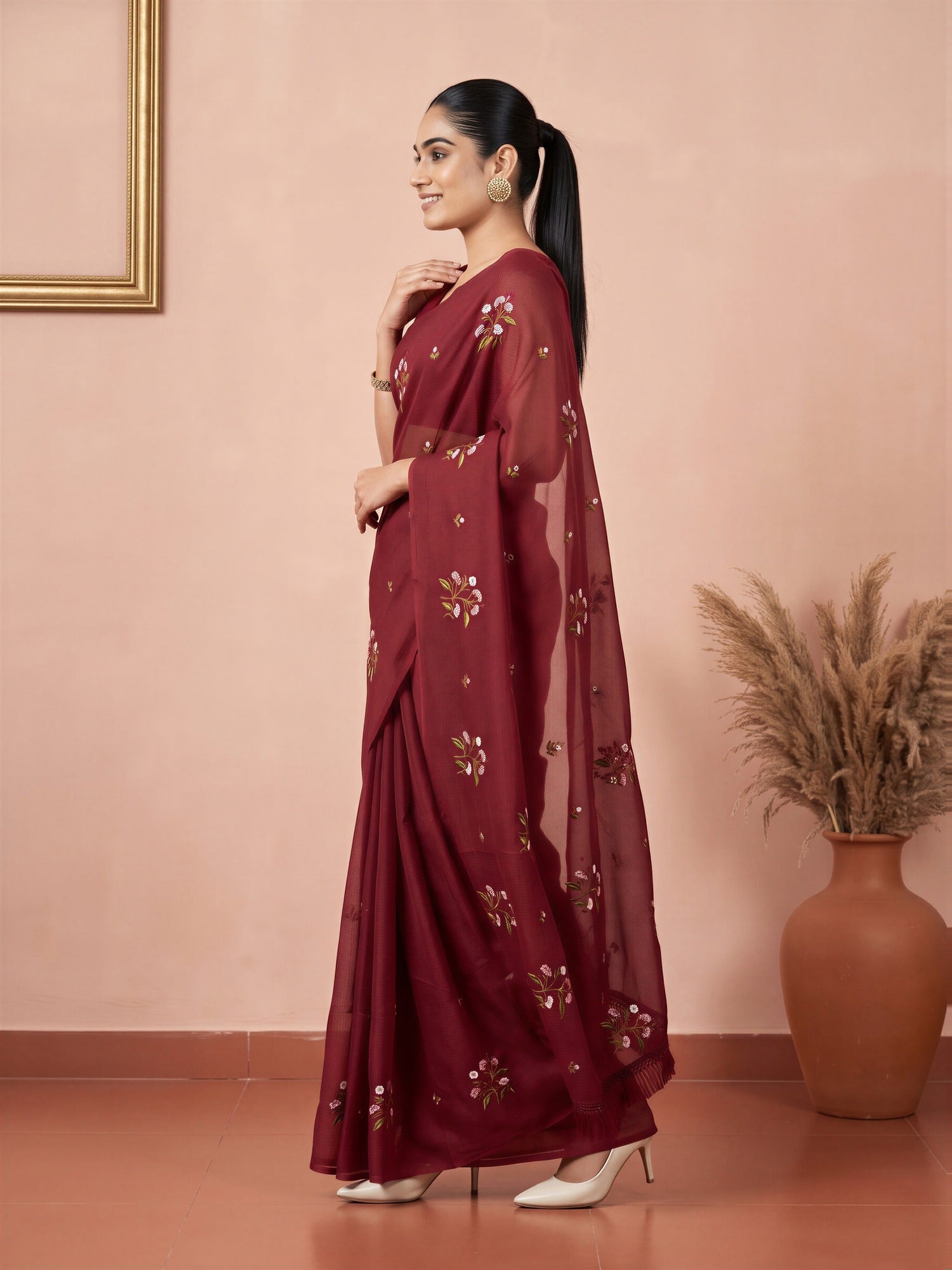 Maroon Kota Doria Cotton saree – detail view 2