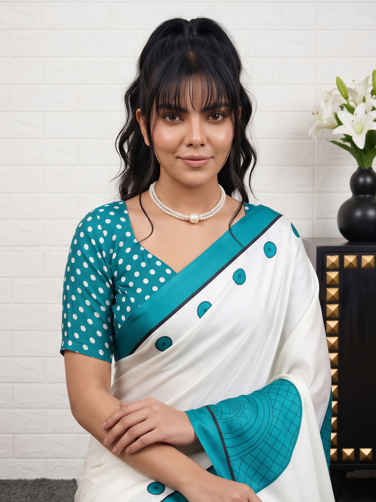 White Satin saree – detail view 4