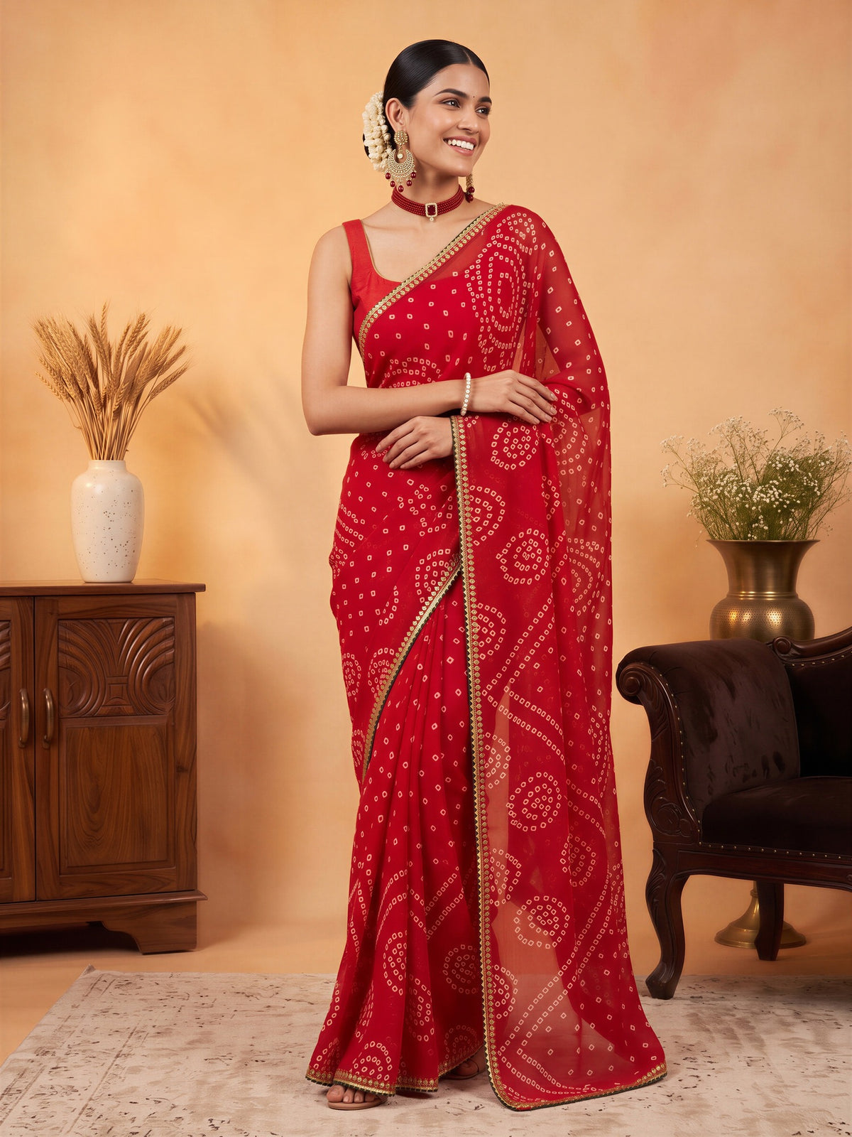 Red Georgette saree – detail view 3
