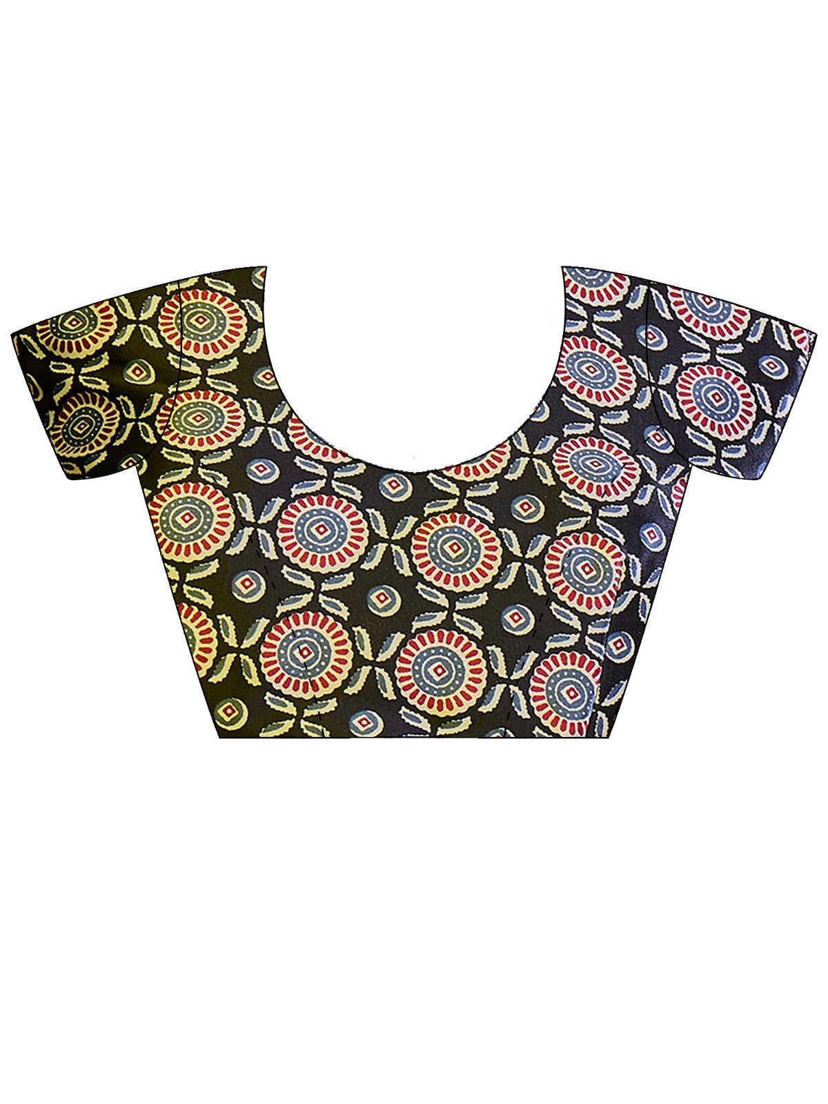 Unstitched black satin blouse piece with ajrak design