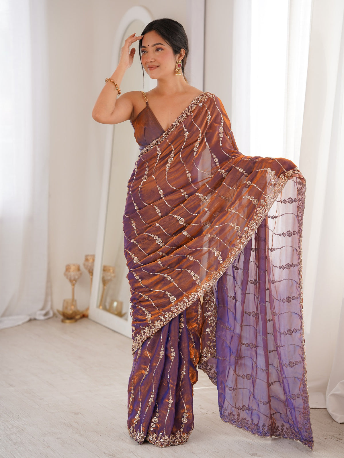 Bronze satin saree view 1