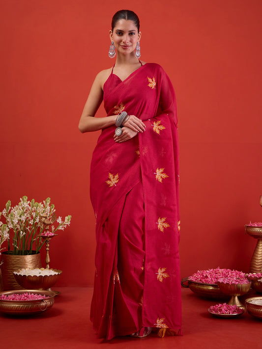 Woman wearing maroon kota doria cotton ready to wear saree with embroidered motif work and maroon blouse