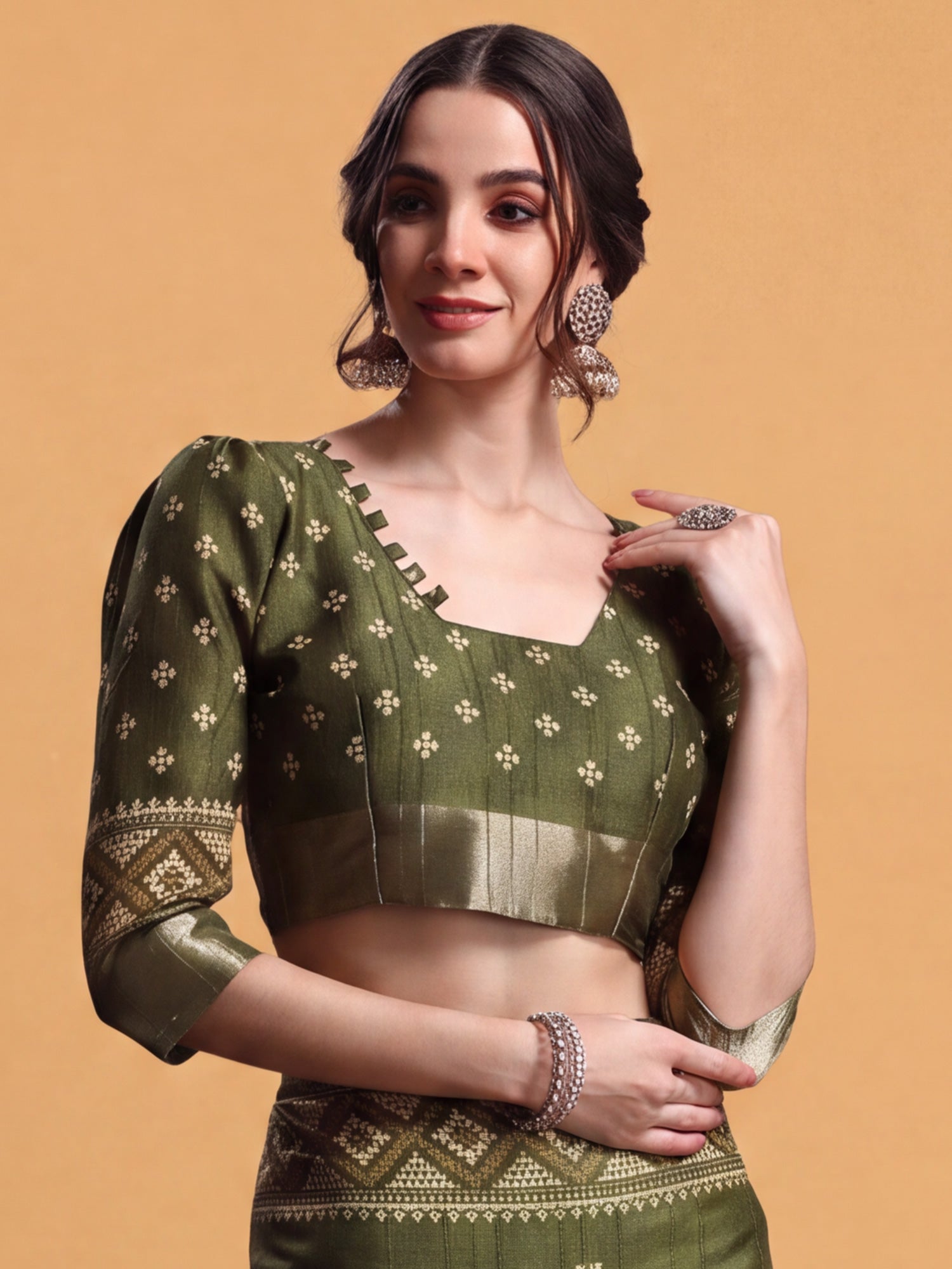 Unstitched olive silk blend blouse piece with geometric design