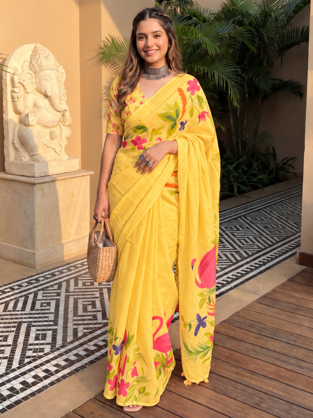Pink floral linen saree with pink blouse piece
