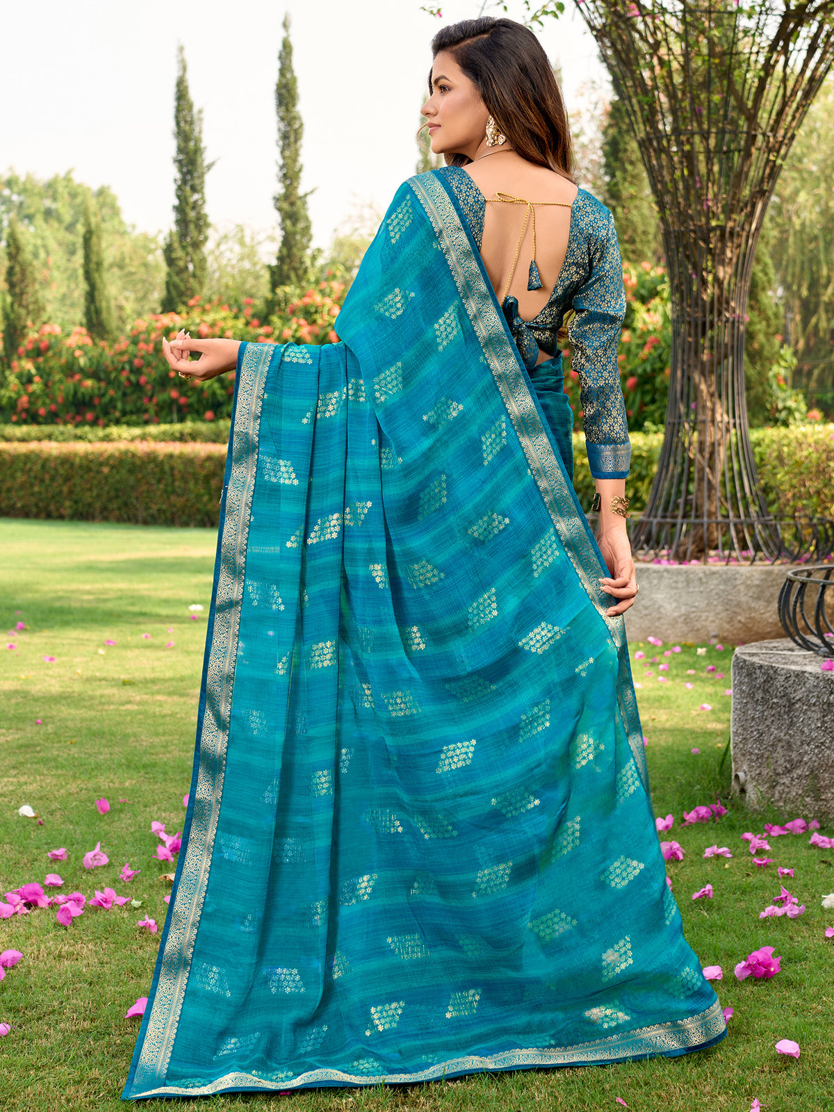 Teal Blue Chiffon saree – detail view 1