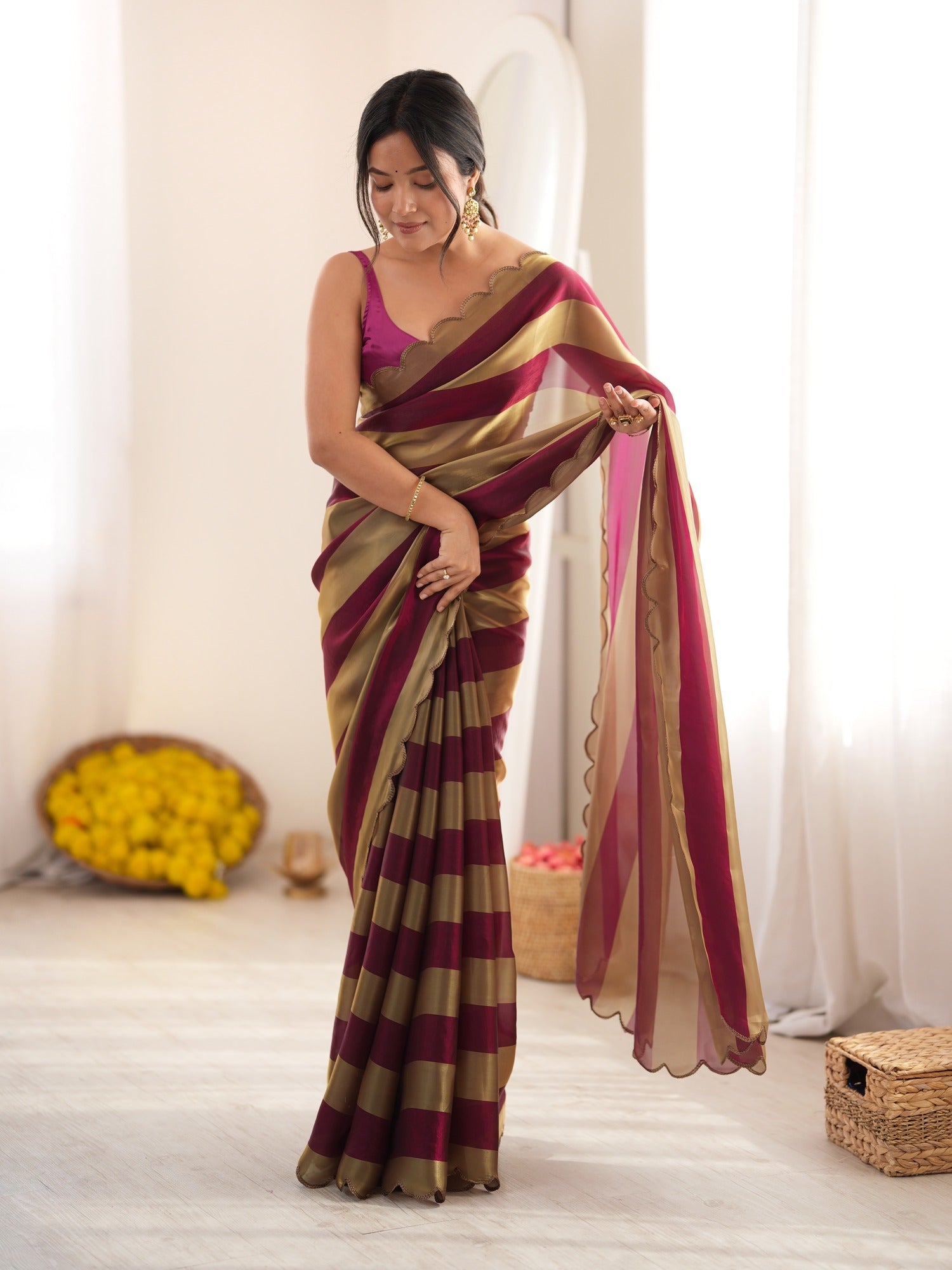 Wine Satin saree – detail view 1