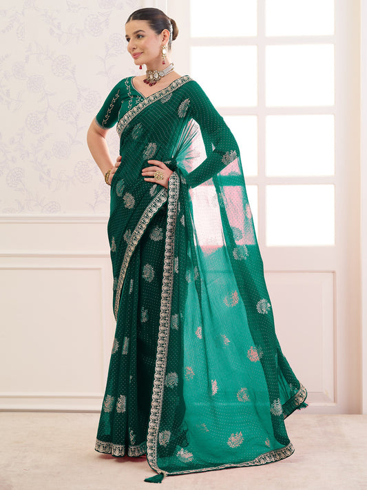 Teal Green chiffon saree view 1