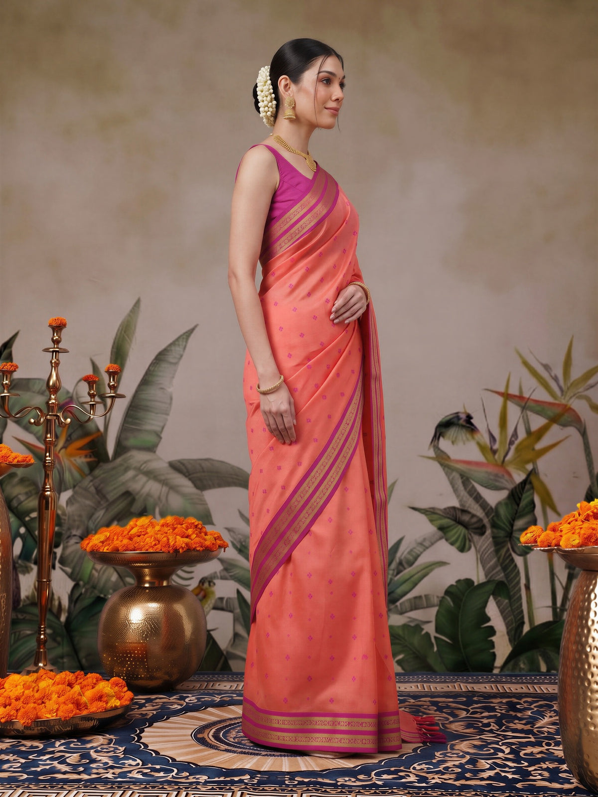 Peach cotton blend saree view 2