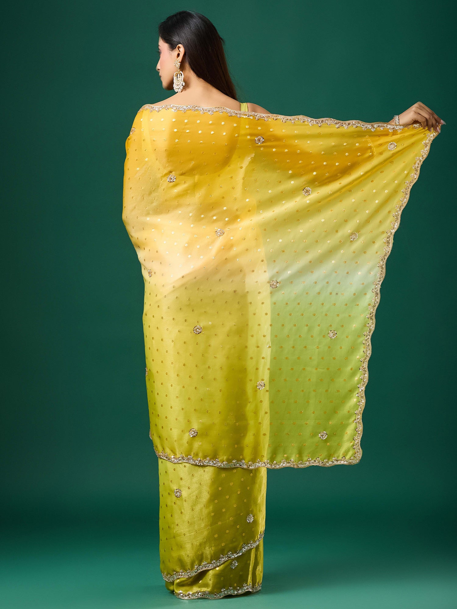 Yellow Satin saree – detail view 1