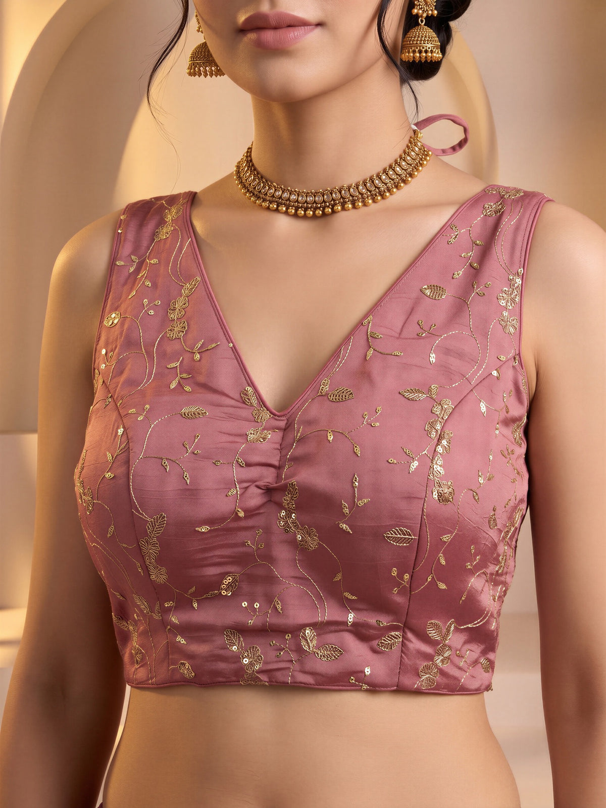 Peach sequin embroidered vichitra silk sleeveless readymade saree blouse with v neck view 4