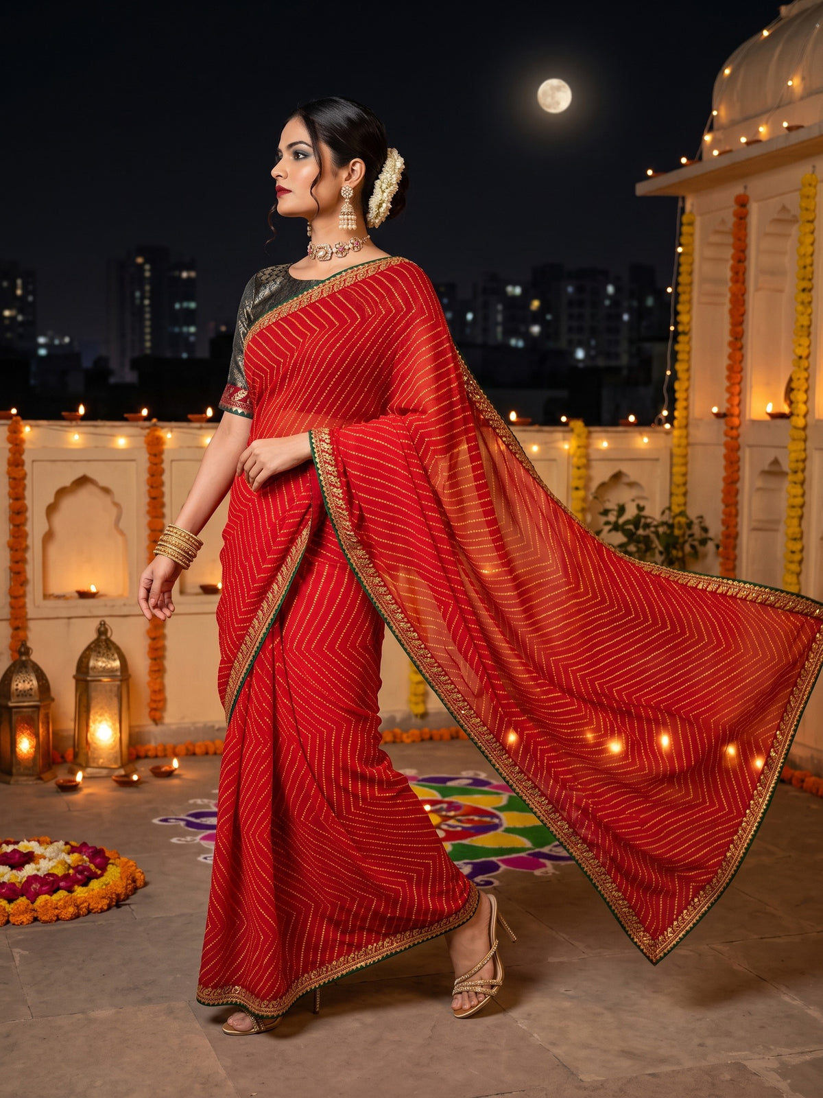 Red Georgette saree – detail view 3