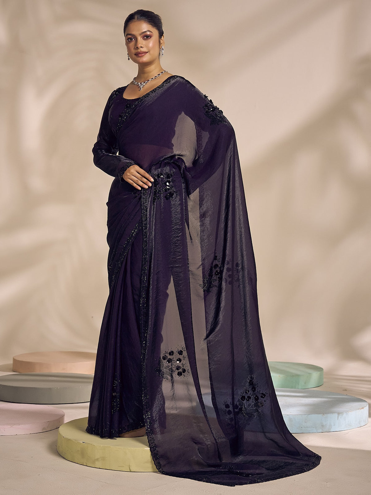 Purple satin silk saree view 1
