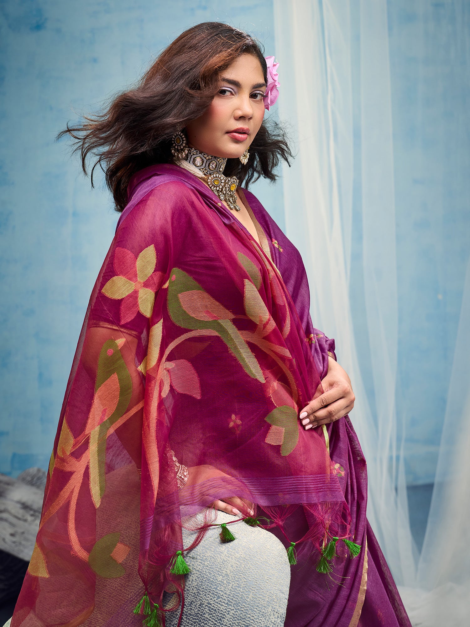 Magenta Muga Cotton saree – detail view 4