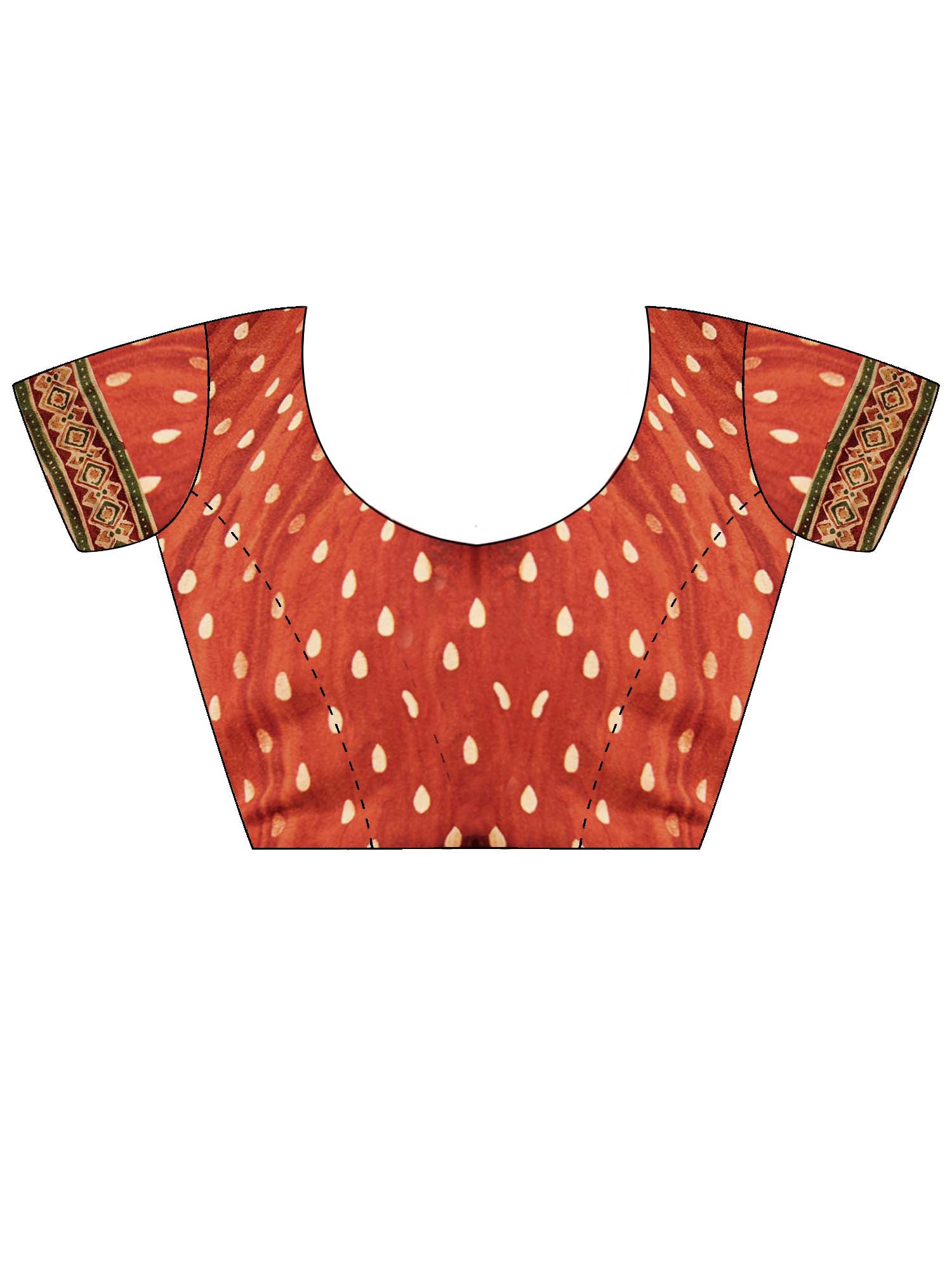 Unstitched rust crepe blouse piece with ethnic motif design