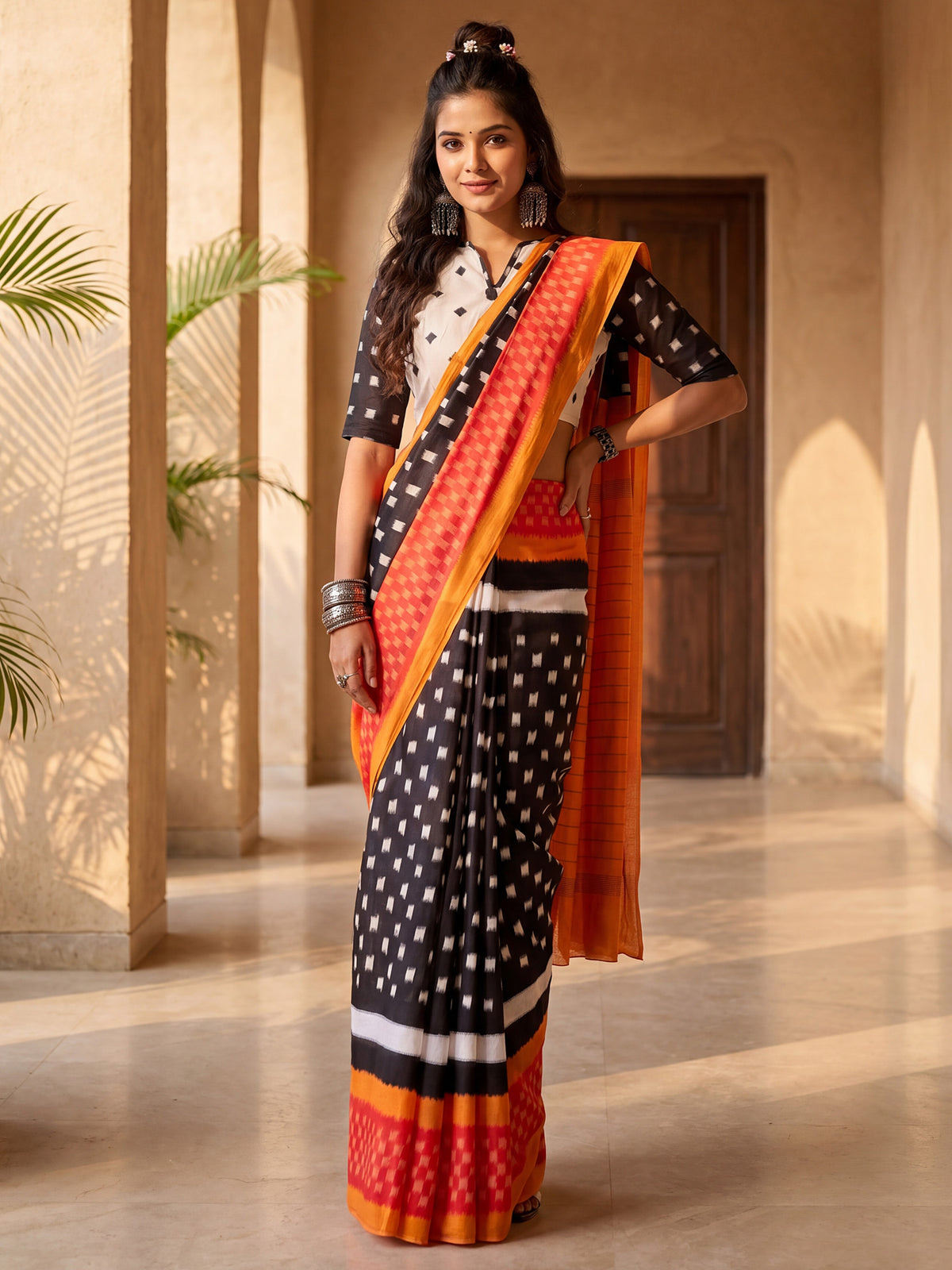 Woman wearing black cotton blend saree with geometric pattern design and white blouse