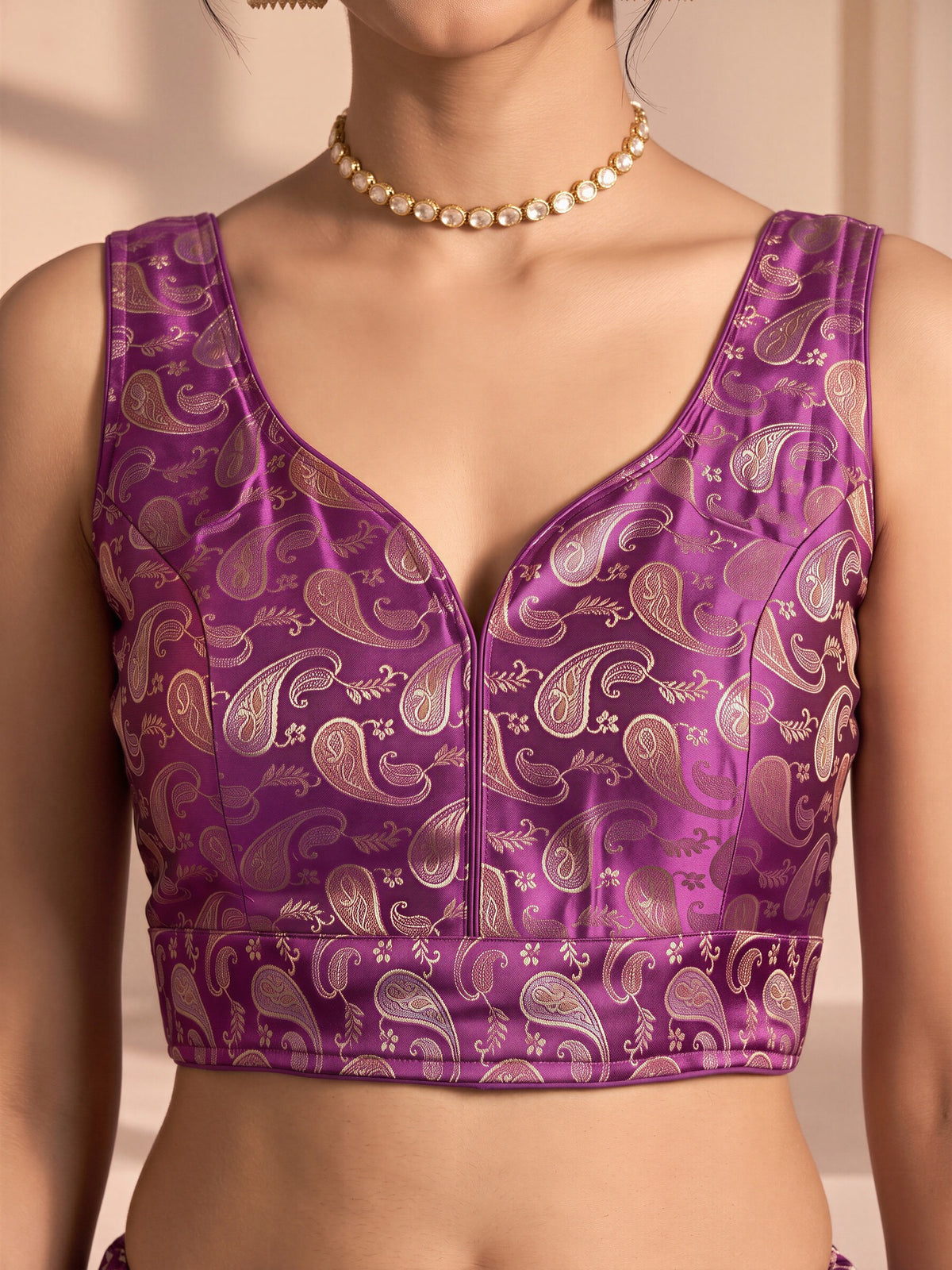 Purple woven brocade silk blend sleeveless readymade saree blouse with v neck view 3