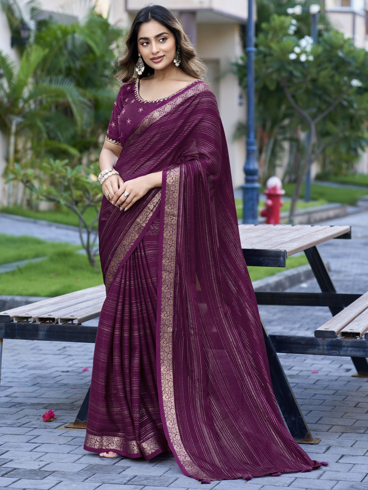 Wine jacquard saree view 3