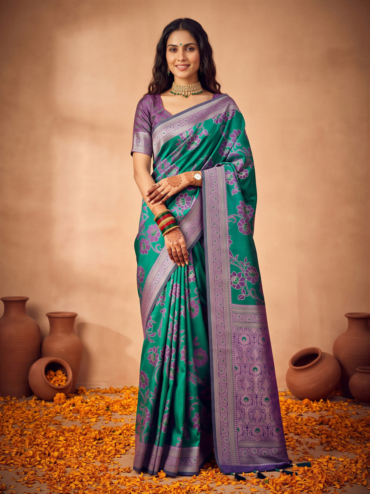 Woman wearing teal green satin silk saree with botanical floral and leaf design and purple blouse