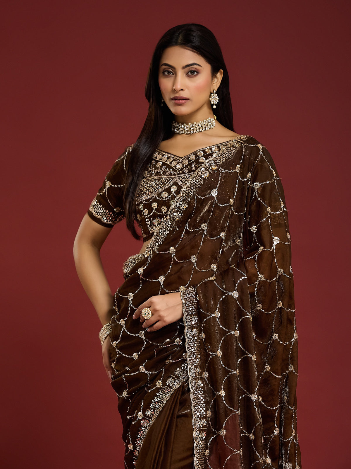Brown Satin saree – detail view 5