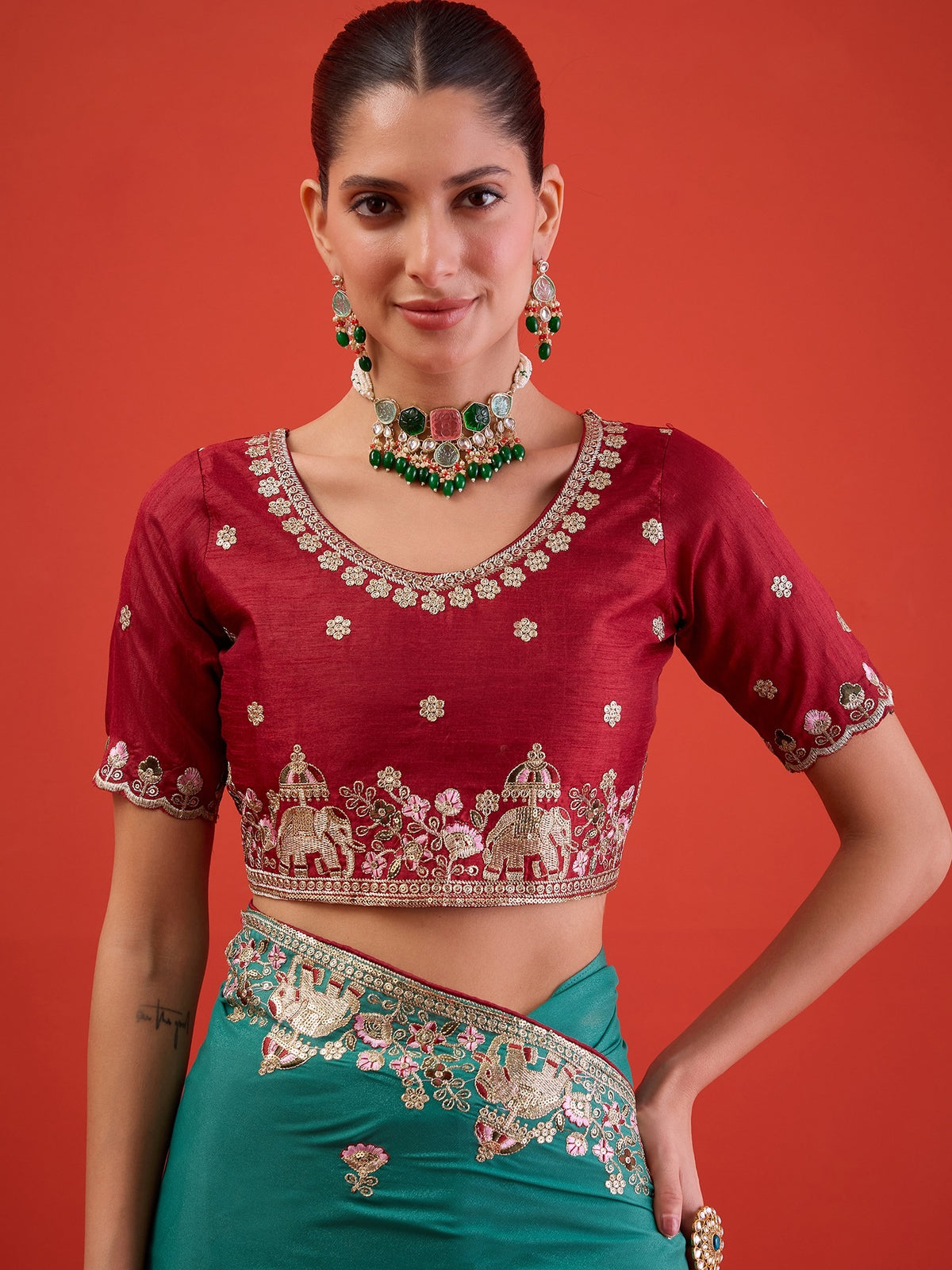 Teal Green Georgette saree – detail view 1
