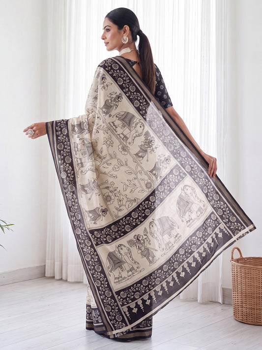 Beige Mulmul saree – detail view 1