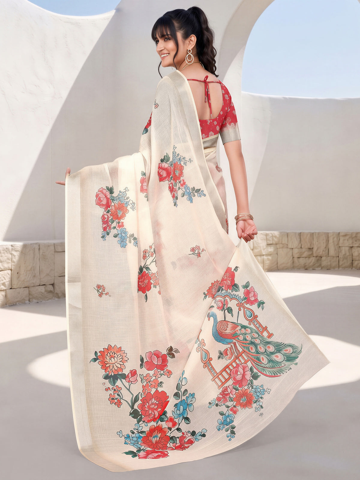 Cream Cotton Linen saree – detail view 1