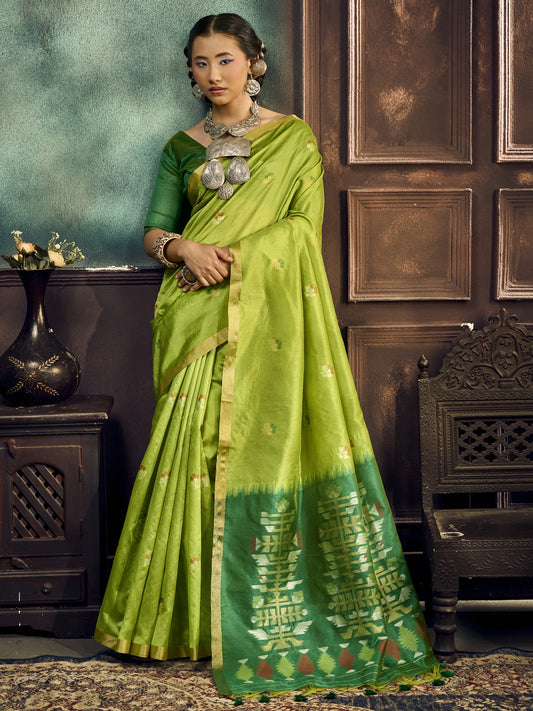 Light Green zari butta silk blend saree with green blouse piece